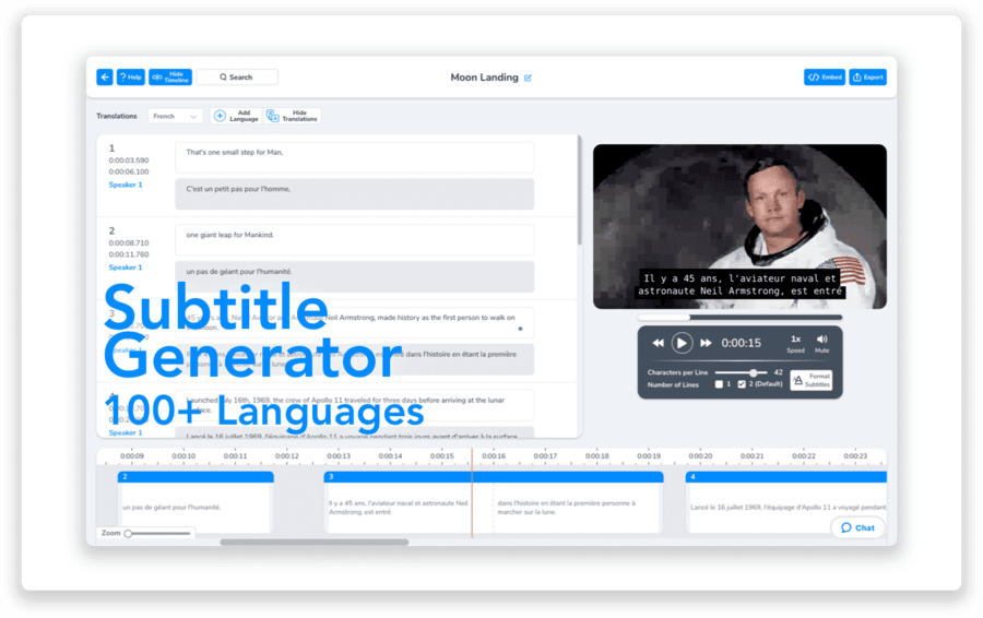 Automatically add
          subtitles to your videos, and translate
          automatically to foreign languages, in just minutes.