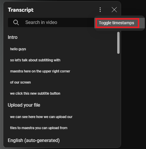 Toggle off timestamps for a clear Youtube transcript.