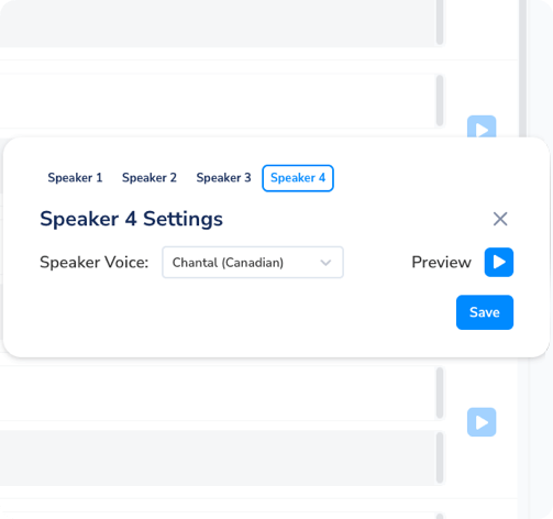 يمكنك تعيين أصوات بالذكاء الاصطناعي لكل متحدث في الترجمة التلقائية الخاصة بك وإنشاء تعليق صوتي احترافي.