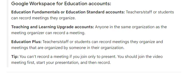 Who can record a Google Meet on Education Accounts.
