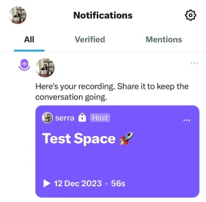 Twitter Spaces recording sent to the host under Notifications.