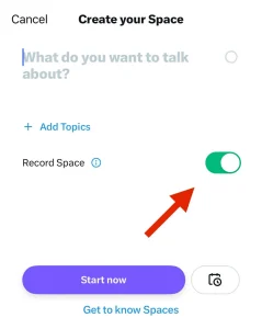 Twitter Spaces page for creating and recording a Space.