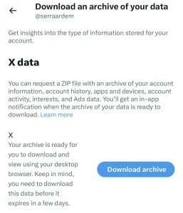 Twitter page for downloading an archive of your data.