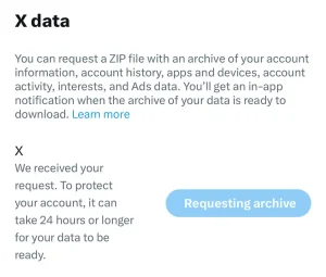 Twitter page for requesting an archive of your data.